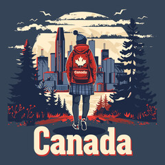 Wall Mural - A girl is walking in the woods with a backpack and a hat. Canada is written on the bottom of the image