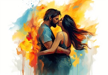 Wall Mural - Passionate kiss between charming handsome lovers. Colorfull image of loving couple. Cropped close up profile. Digital art in the style of a painted picture. Illustration for cover, card or print.