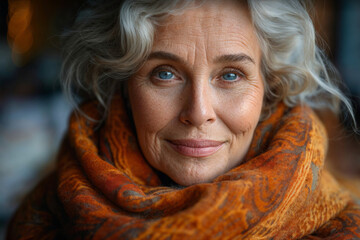 Sticker - Close up of white older woman wearing scarf, striking portrait for marketing campaign