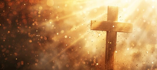 Canvas Print - wooden cross on an abstract background with golden rays and dust particles in the air, representing divine light and hope Generative AI