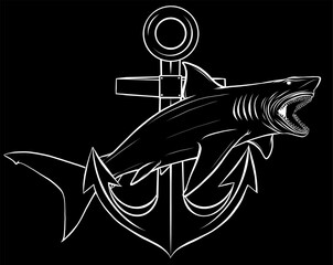 Wall Mural - white silhouette of white shark with anchor on black background. vector illustration design