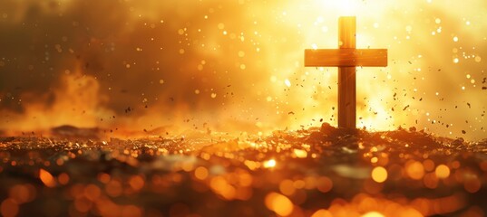A cross is placed on the ground, surrounded by golden light and dust particles floating in the air gold with blurred edges that give it an ethereal feel Generative AI