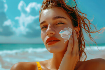 Wall Mural - Young woman in a yellow swimsuit applies sunscreen on her cheek under the bright summer sun at a sandy beach