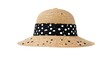 A straw sun hat with a black and white polka dot band