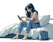 Drawing of a young woman looking at her phone while sitting on her bed.