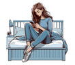 Drawing of a young woman looking at her phone while sitting on her bed.
