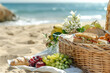 Sunlit picnic basket filled with fresh fruits, sandwiches, and bread sits on a sandy beach, with waves gently lapping in the background, evoking a serene and joyful summertime outing
