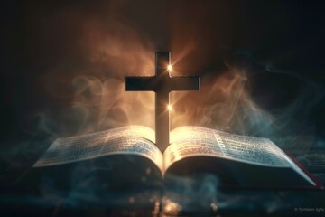 A cross is placed on an open Bible, illuminated by the soft glow of light emanating from it Generative AI