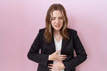 Poster - Young caucasian business woman wearing black jacket with hand on stomach because indigestion, painful illness feeling unwell. ache concept.