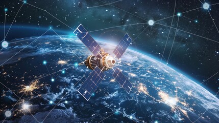 Wall Mural - a satellite in orbit around earth, connected to multiple other satelites with lines and dots, showin