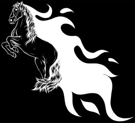 Wall Mural - white silhouette of Beautiful black fiery horse isolated on black background