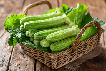 A wicker basket holds multiple bright green fresh zucchini on a rustic wooden surface. Fresh harvest and healthy eating and organic farming