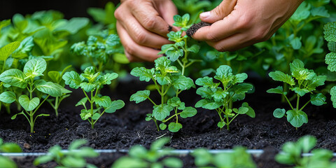 Wall Mural - A person is planting a seedling in a garden