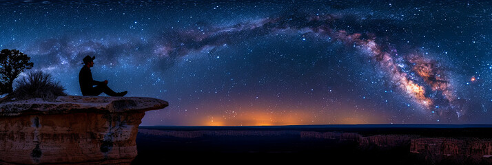 Wall Mural - a person is sitting on a rock and looking up at the stars
