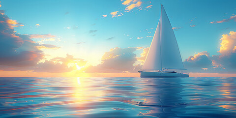Poster - A sailboat is sailing in the ocean at sunset