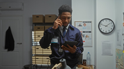 African american detective multitasking in a police station, examining a tablet while talking on the phone indoors.