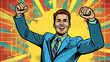 © StellaPattaya - Business success businessman showing the top of the chart and smiling with joy. Retro style pop art. White adult male Caucasian