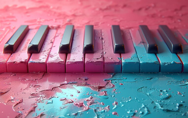 vibrant colored piano keys with water drops, abstract musical concept