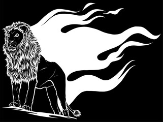 Sticker - white silhouette of Lion Flame on black background