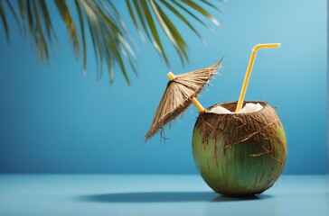 Summer coconut with a coconut straw on blue background 