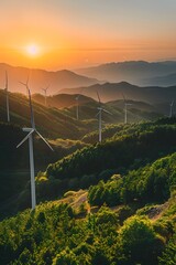 Wall Mural - Mountain ridge full of wind turbines. Hill top is covered with clouds. Yellow brown autumn colors.
