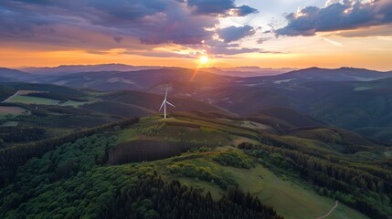 Wall Mural - Mountain ridge full of wind turbines. Hill top is covered with clouds. Yellow brown autumn colors.
