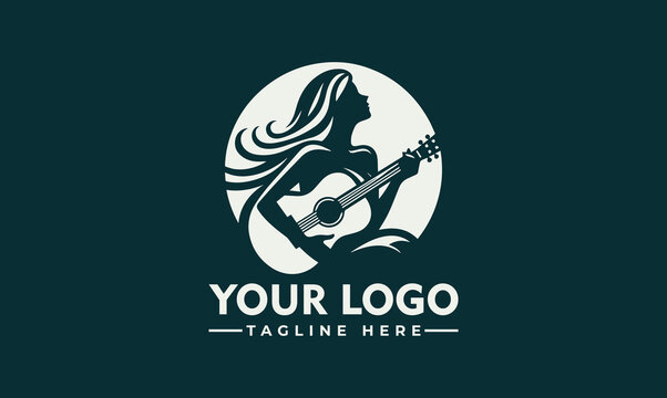 girl and guitar vector logo Silhouette of a woman with guitar in negative space logo vector
