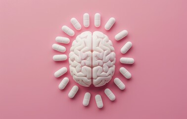 Conceptual Image of Brain Health and Cognitive Function with Pills on Pink Background