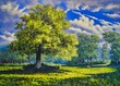 Oil paintings summer landscape with trees, artwork, fine art