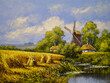 Oil paintings summer rural landscape , artwork, fine art, windmill in the country