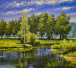 Oil paintings summer landscape with trees, artwork, fine art, landscape with lake and trees