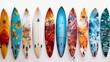 A row of colorful surfboards leaning against a wall in a straight line.