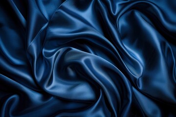 Beautiful dark blue silk satin background. Soft folds on shiny fabric. Luxury background with copy space for text, design. Web banner. Flat lay, top view table.Birthday, Christmas - generative ai