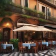 A traditional Italian trattoria with outdoor seating, checkered tablecloths, and delicious food Authentic and charming ambiance2