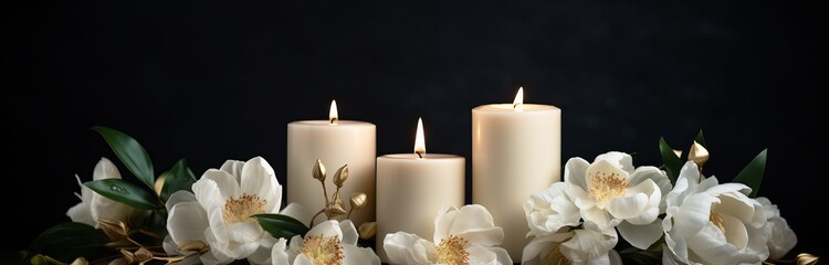 Poster - Elegant white peony flowers and candles