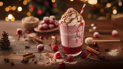 Wall Mural - gourmet milkshakes, tasty raspberry milkshake topped with honey and a sprinkle of cinnamon, perfect for a delightful afternoon treat