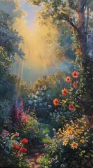 Wall Mural - A painting of a garden with a sun shining through the trees