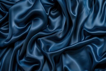 Beautiful dark blue silk satin background. Soft folds on shiny fabric. Luxury background with copy space for text, design. Web banner. Flat lay, top view table.Birthday, Christmas - generative ai