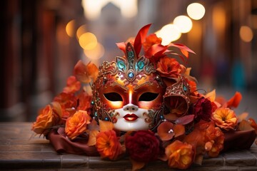 Poster - Ornate venetian carnival mask surrounded by vibrant orange and red flowers