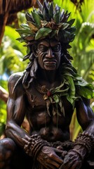 Wall Mural - Wooden statue of a tribal figure in a lush green setting