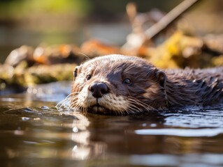 Sticker - Curious river otter peeking out of the water