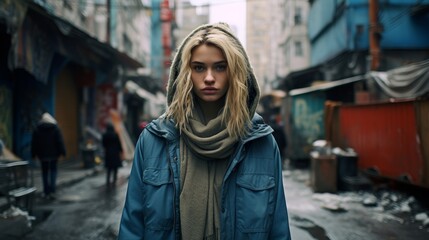 Wall Mural - young woman in winter coat and scarf on city street