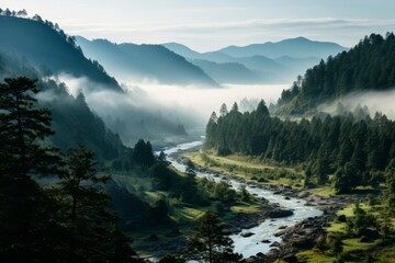 Canvas Print - Misty mountain landscape with winding river