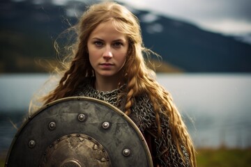 Canvas Print - Fierce female warrior with shield in nature