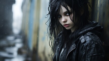 Sticker - moody young woman with dark hair in the rain