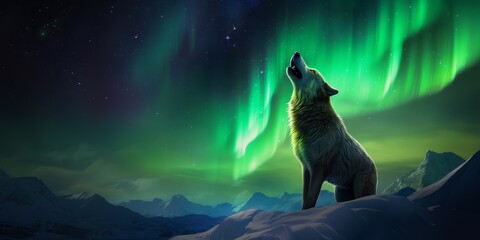  Howling wolf under the northern lights
