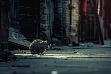 Wall Mural - A rat is standing on a sidewalk in a dark alley. The rat is small and he is alone