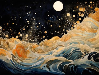 Wall Mural - Cosmic ocean waves under a full moon