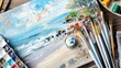 An art painting of a serene beach scene is placed on a wooden table. Brushes and paint are scattered nearby. The painting captures the beautiful sky and water AIG50
