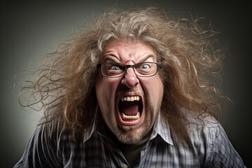 Wall Mural - Angry man with wild hair and glasses shouting